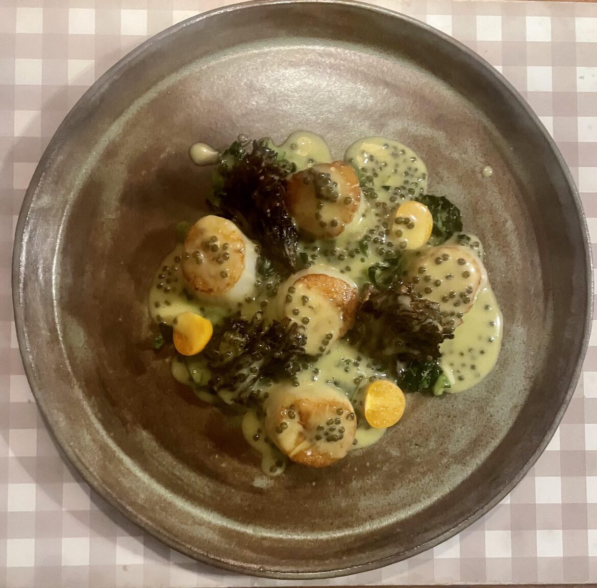 Scallops, miatake, tatsoi, goldenberry, Meyer lemon burre blanc with caviar and chive oil