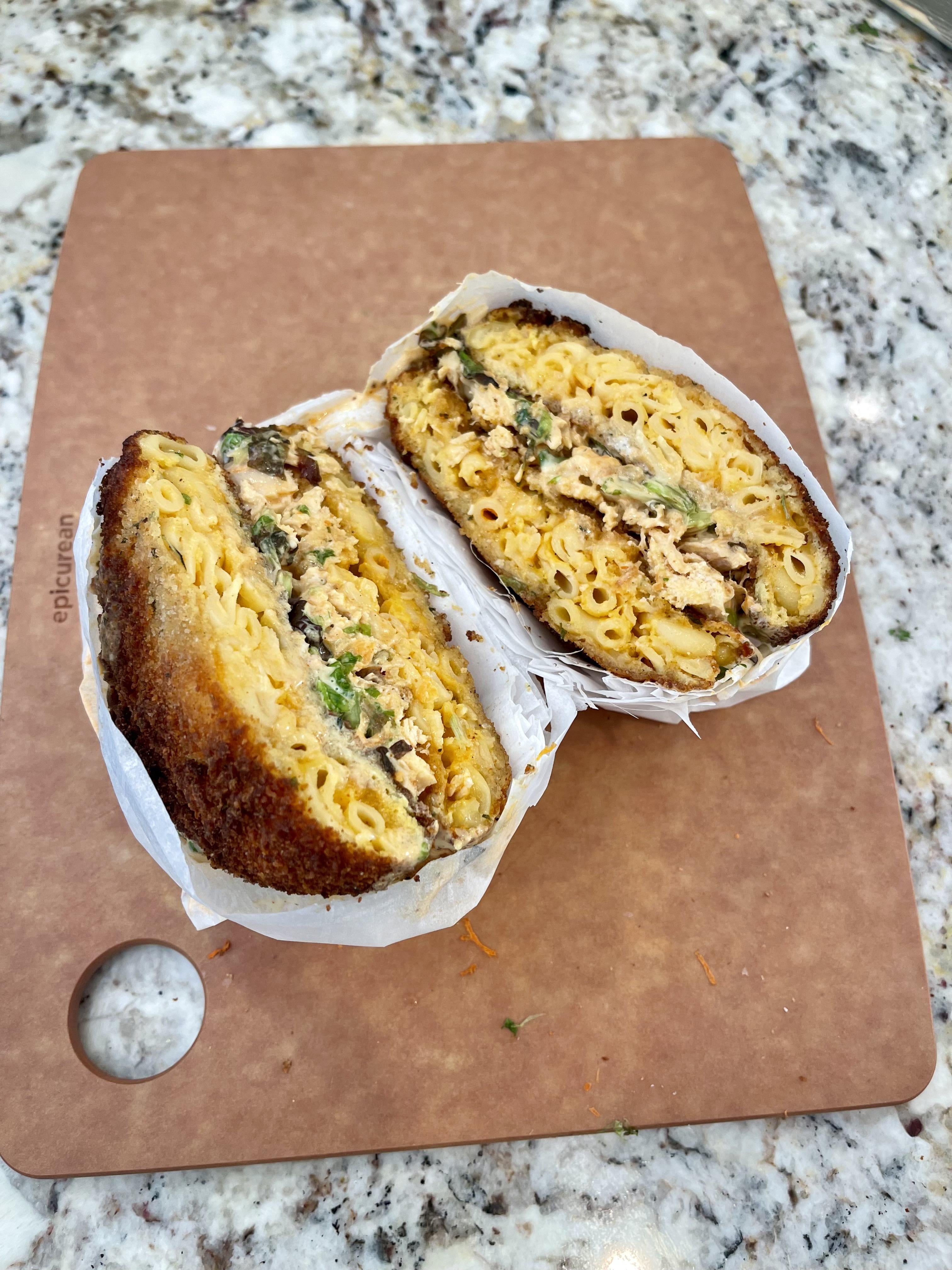 leftover mac and cheese made into fried sandwich buns with slow cooker