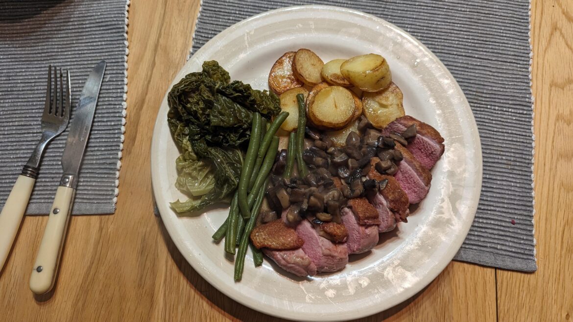 Duck, Mushroom Sauce, Sautéed Potatoes and Green Vegetables