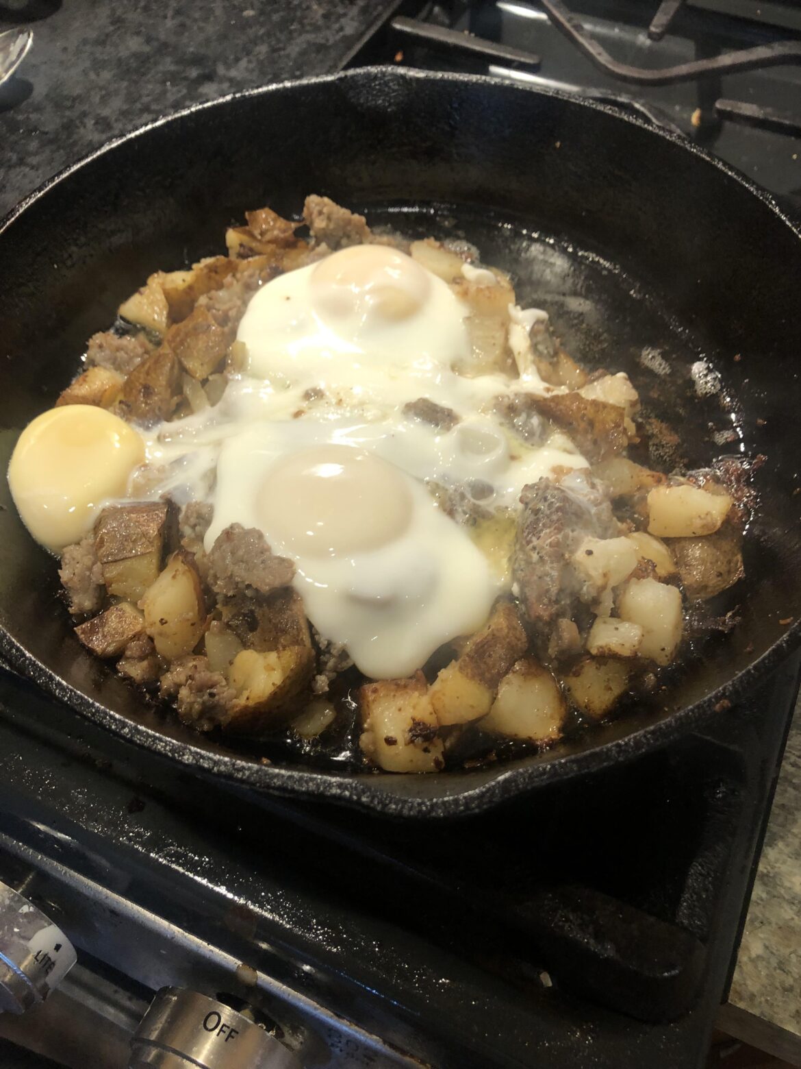 Leftover Taters and Breakfast Sausage with 3 Eggs
