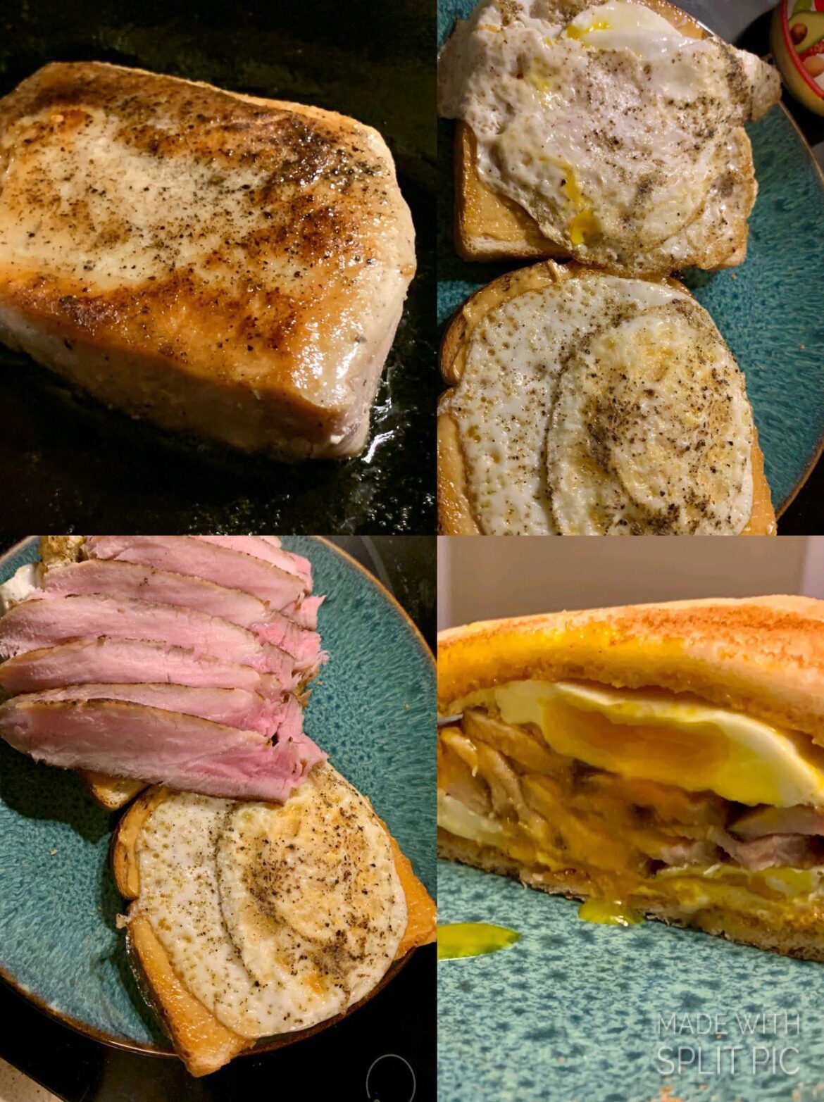 Pork chop sandwiches! Sous vide pork chops, pan fried. Sliced thin, With two fried eggs, Chipotle mayo on toast.