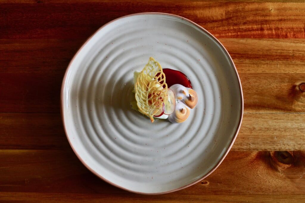 Buttermilk Sorbet, Sweetgrass Dairy Asher Blue, Grape, Mulled Wine Meringue