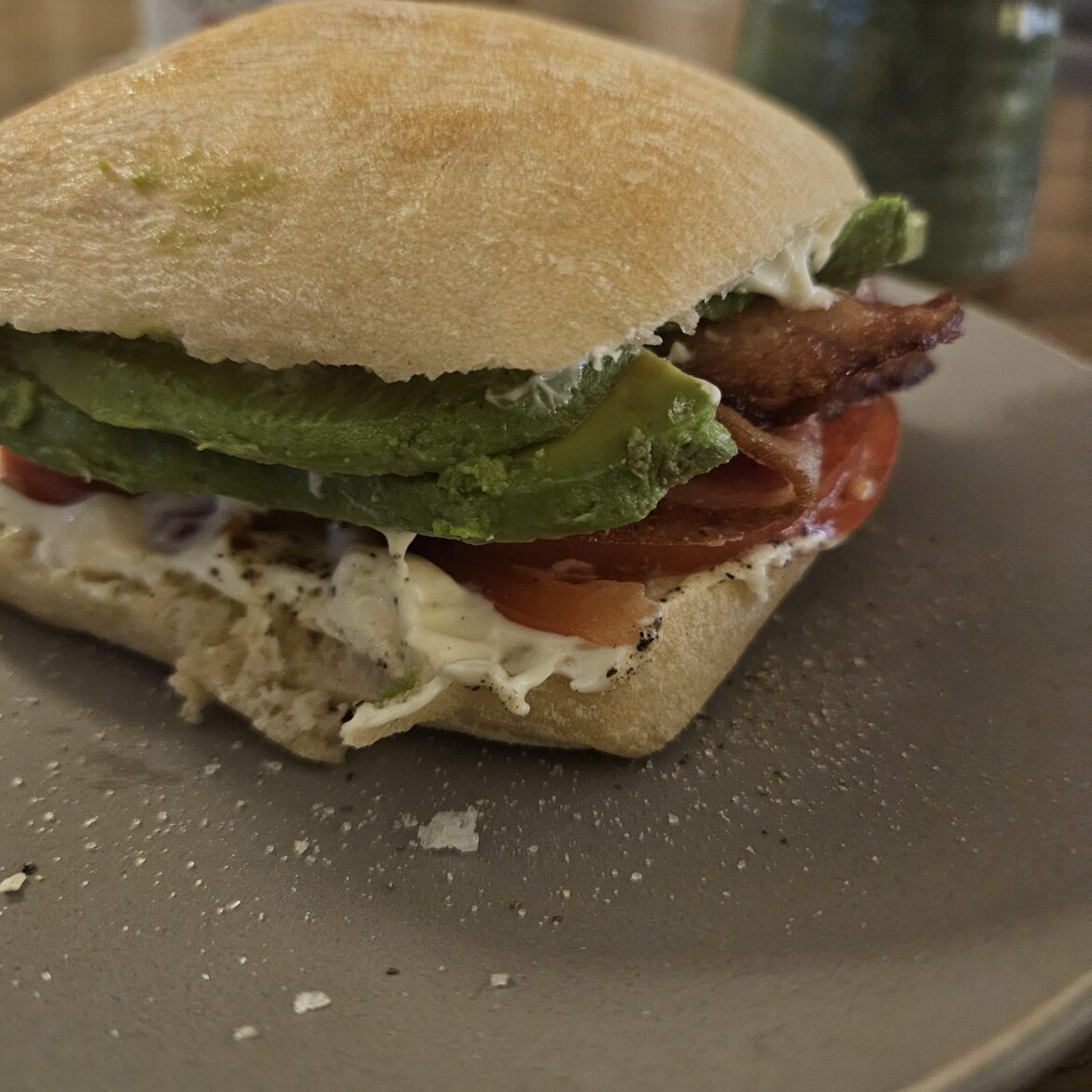 A toasty Bacon, Tomato. And Avocado on Ciabatta.