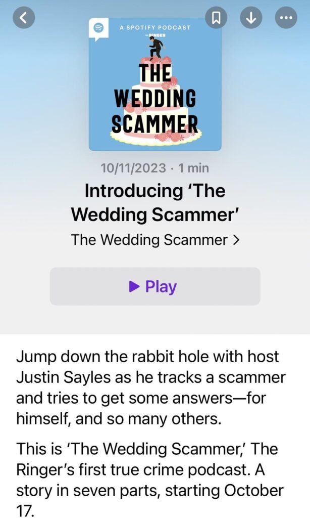 Anyone listening to The Wedding Scammer podcast? Is he in Austin now as Caviar and Bananas??