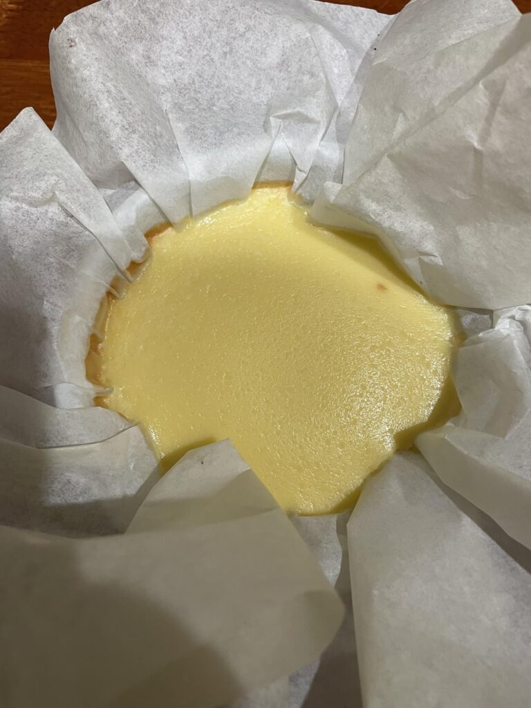 First baked cheesecake of 2024 1 package of cream cheese, 1/4 cup of sugar, 1 tablespoon of flour, a pinch of salt, 1/4 cup of milk, 1 tablespoon of vanilla, 1 egg, and 1 egg yolk.