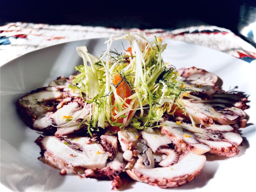 Octopus Adobo, Seaweed Oil, Serrano, Citrus Zest with Cara Cara Fennel Salad