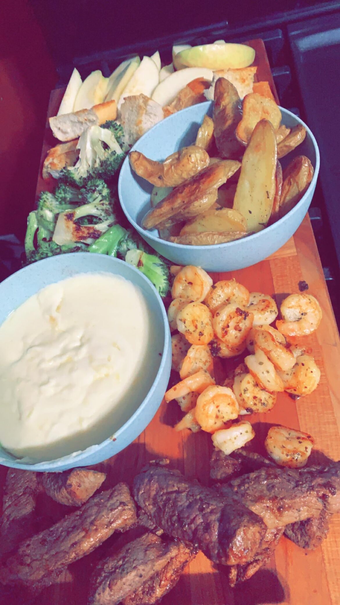 Beef tenderloin with Gouda cheddar fondue- added shrimp