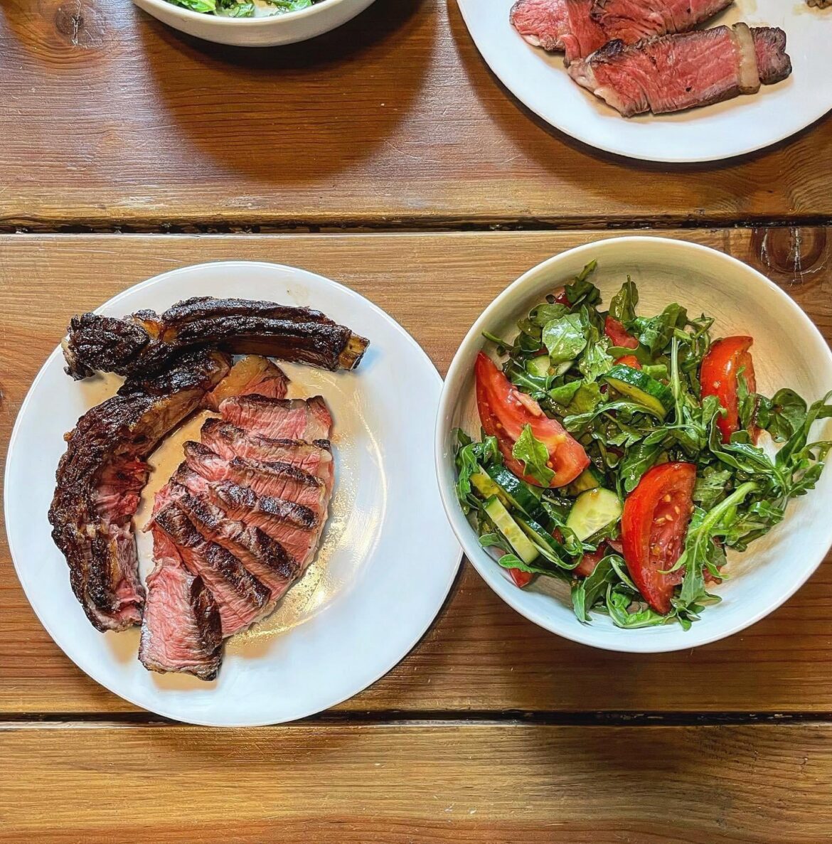 The reverse sear method works great from the smoker to the grill. Also had some balsamic soy vinaigrette in the fridge, so made a quick salad, too.