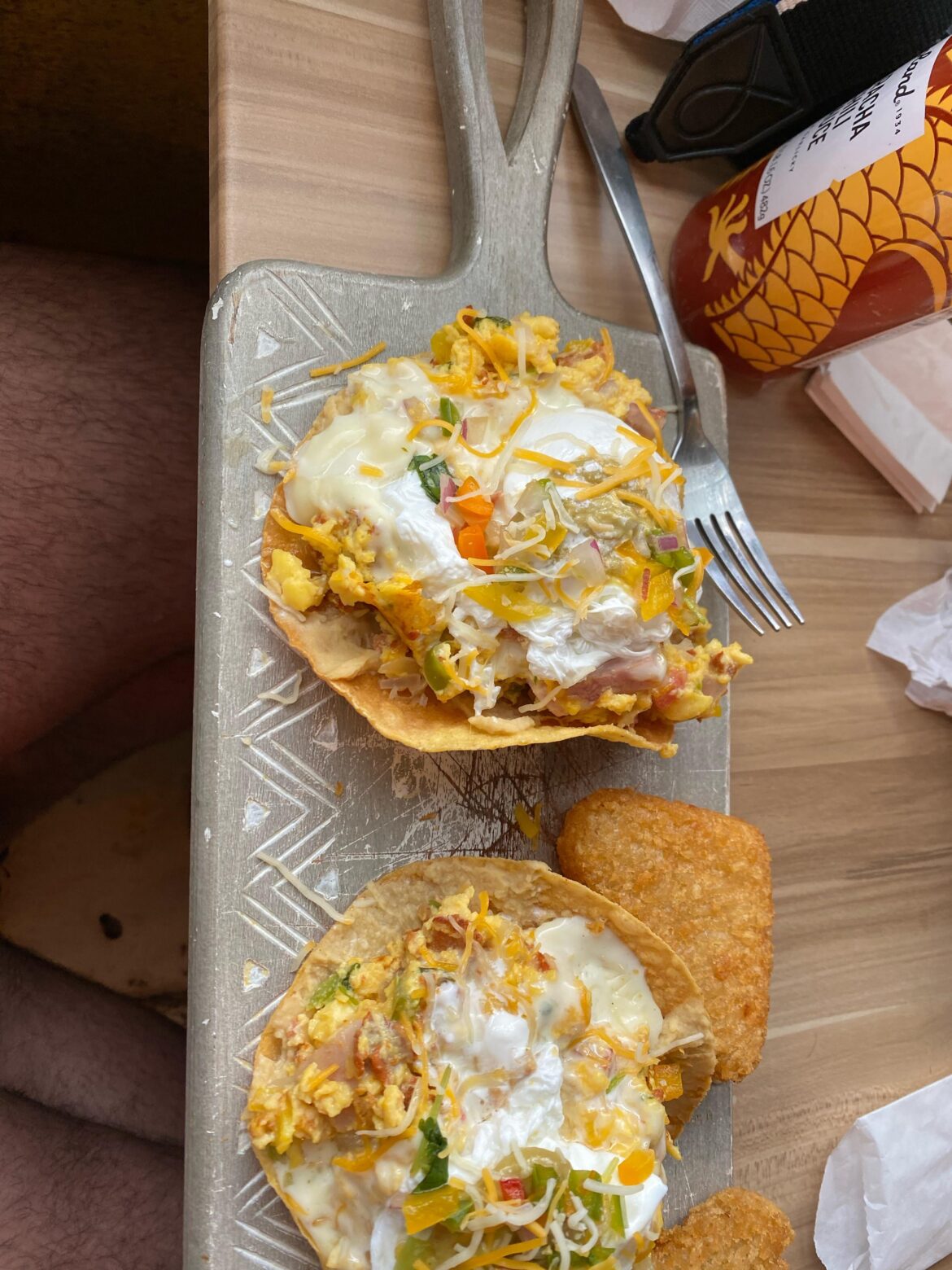 I guess the runny yolk from the poached eggs will end up on my lap.