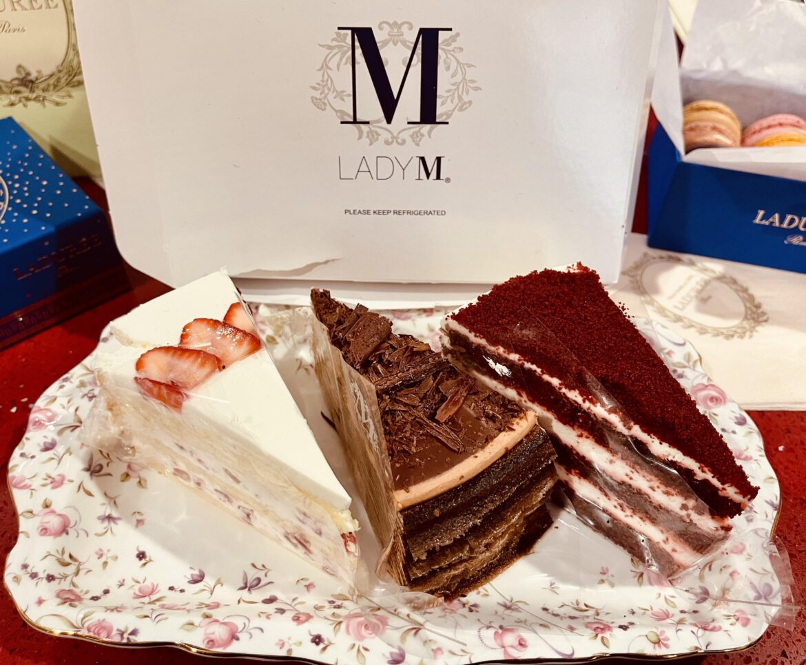 Lady M cakes. The one in the middle is one of their signature mille crepes. It’s 20 handmade cocoa crêpes that are layered with pastry cream featuring Amedei’s Toscano Black 65 chocolate from Tuscany, Italy.