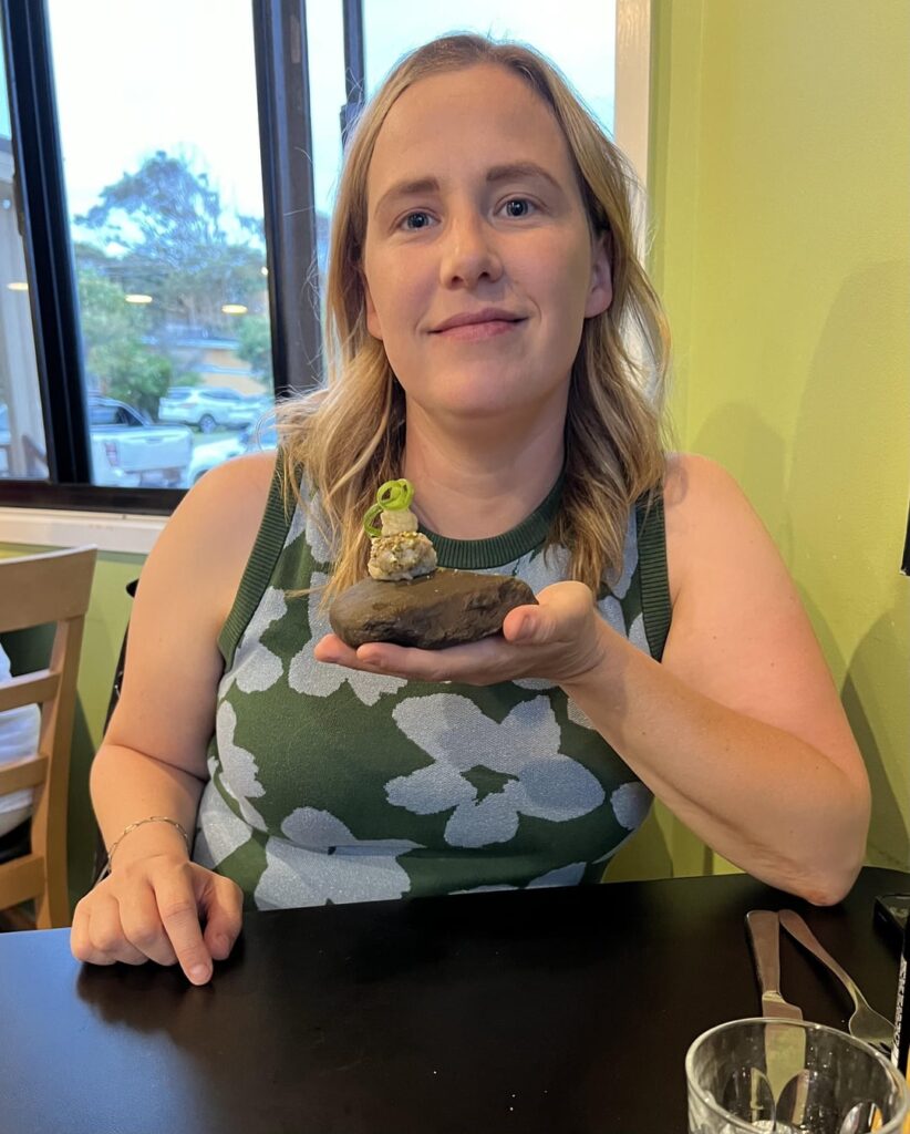 Fish, served on a rock from the same lake it was caught in! 🤣🤣 Our pasta was also in a jar!