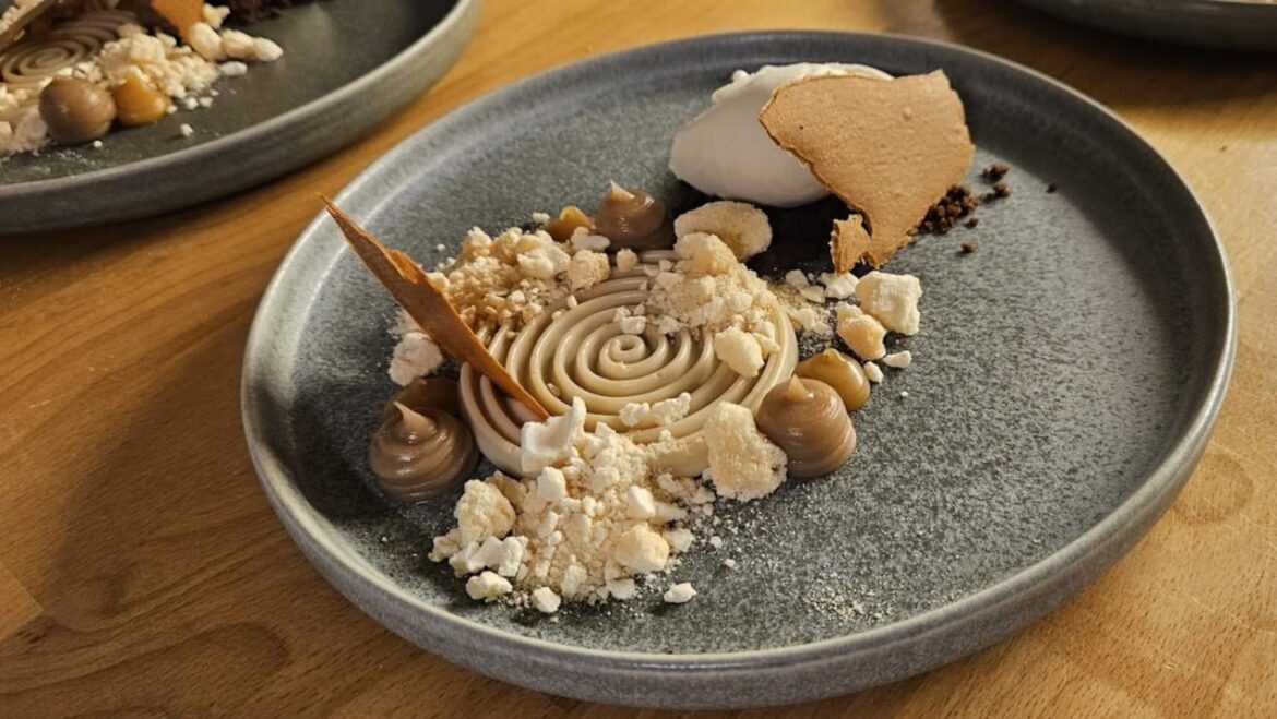 Chestnuts symphony: chestnuts panna cotta, chestnuts ice cream, chestnuts cremeux, chestnuts cracker, salted caramel, meringue and chocolate earth