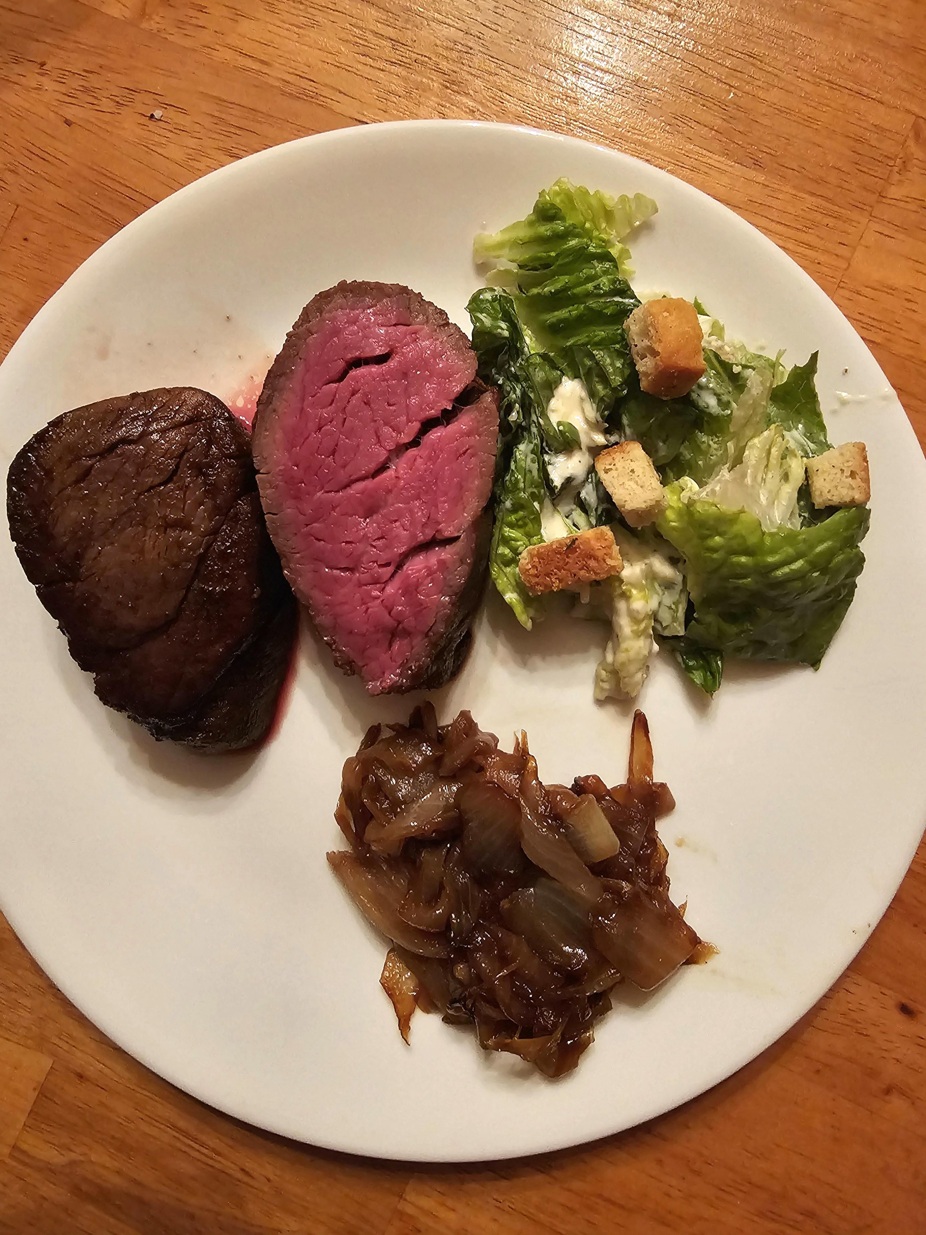 [homemade] Beef Tenderloin with Onions and Salad Dining and Cooking