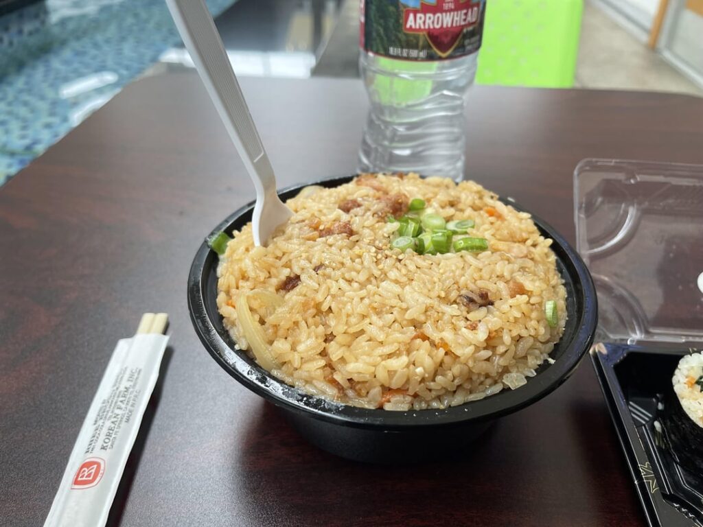 Korean Brunch; Chicken Bokeum Bap(fried chicken rice) Kimbap(bean curd) from WOORI Family Mart