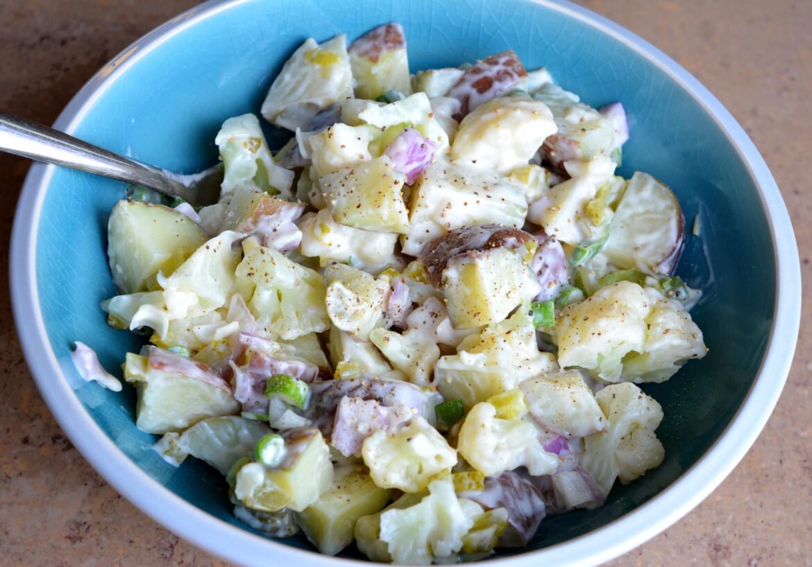 194 calories per 2 cup serving. Creamy potato salad with steamed cauliflower added for volume. It was delicious!
