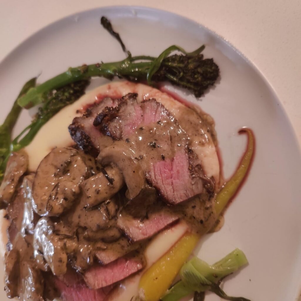 Kenji's Sous Vide NY Strip over Pomme Puree and Roasted Veg