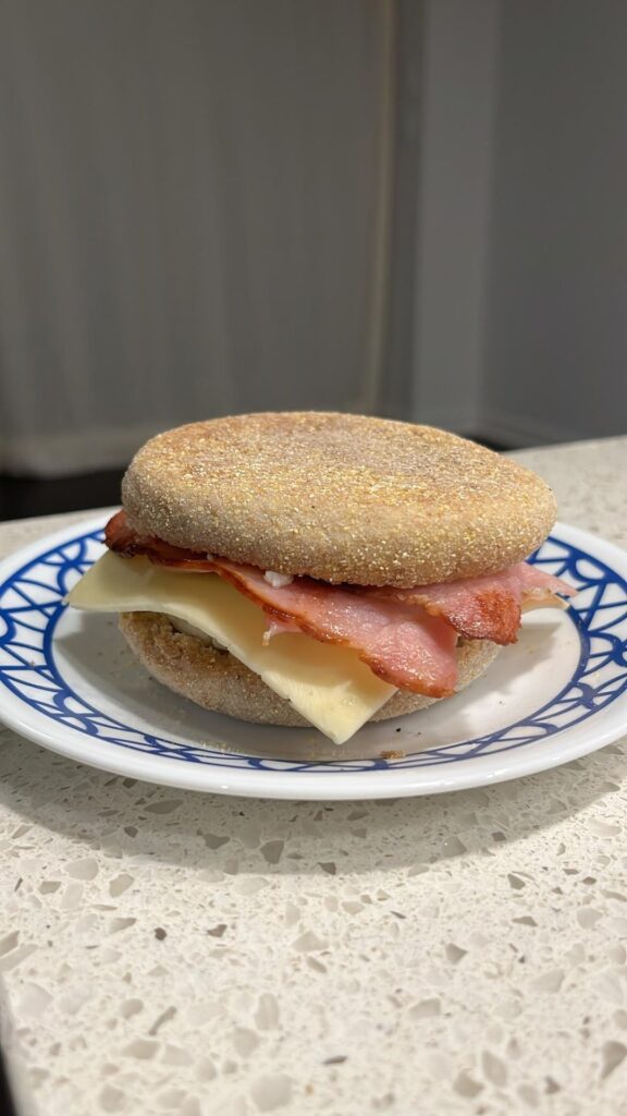 Breakfast sandwich with back bacon, havarti & egg