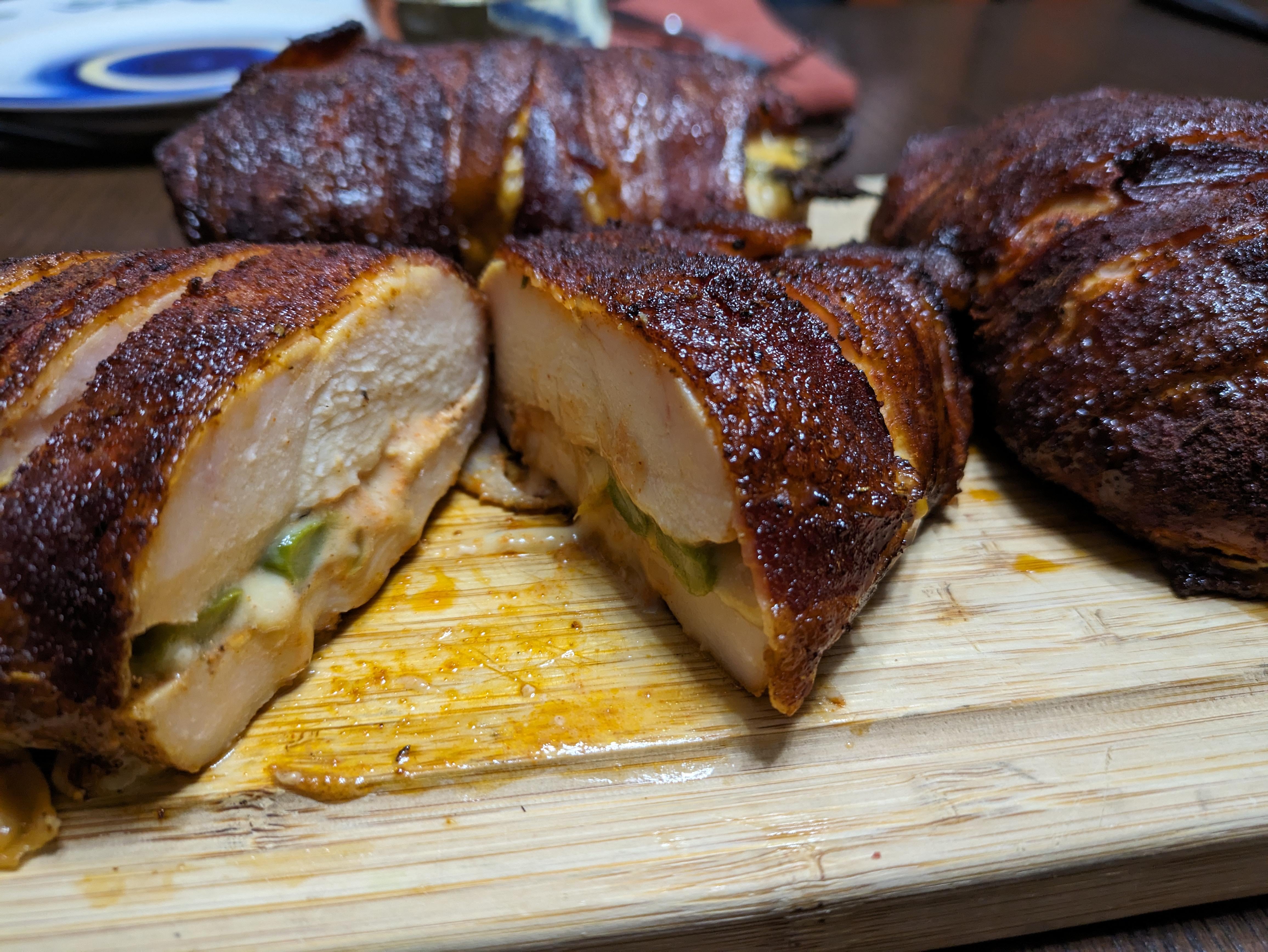 Chicken breast stuffed with asparagus and havarti, wrapped in bacon