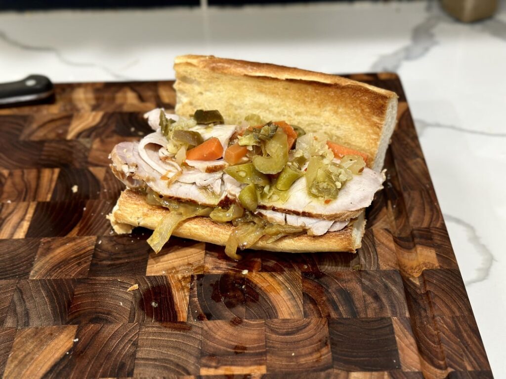roast pork loin on garlic w/ onion, mustard and giardiniera