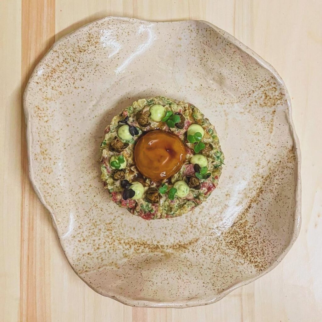 Beef Tartare with 24-hr Soy Cured Egg Yolk, Chive Mayo and Fried Capers