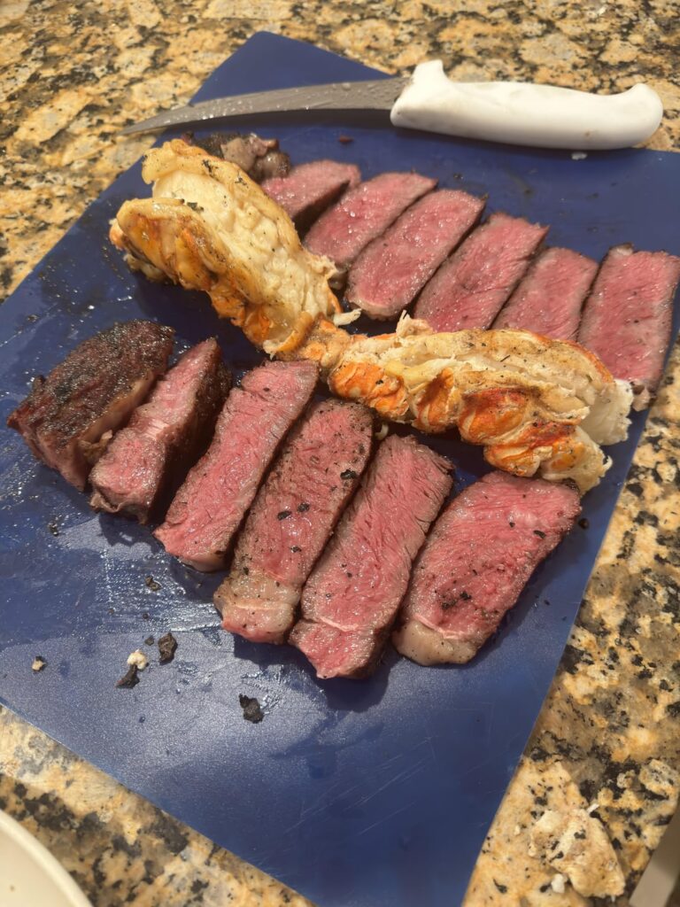 BMS 8-9 graded Australian Wagyu Ribeye steak, with lobster tails.