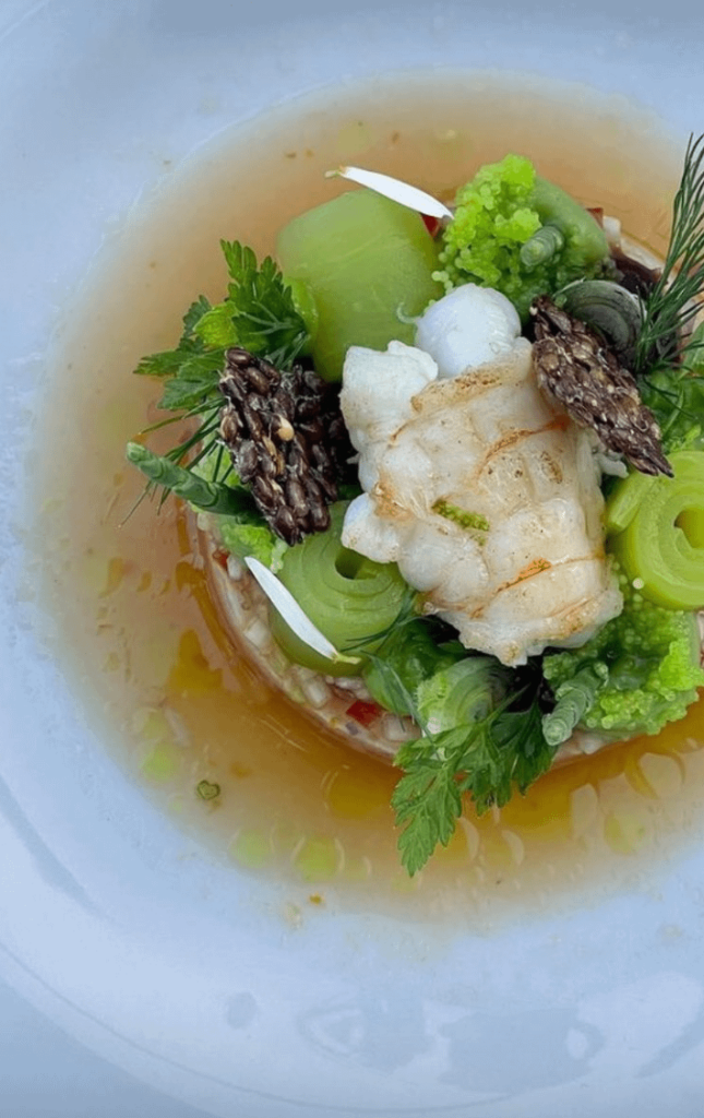 Scampi, scampi tatar, thaisalsa, pickled cucumber rolls, tobiko caviar, seaweedcream, sojagel, avocadocream, salicorn, linseedchips, herbs