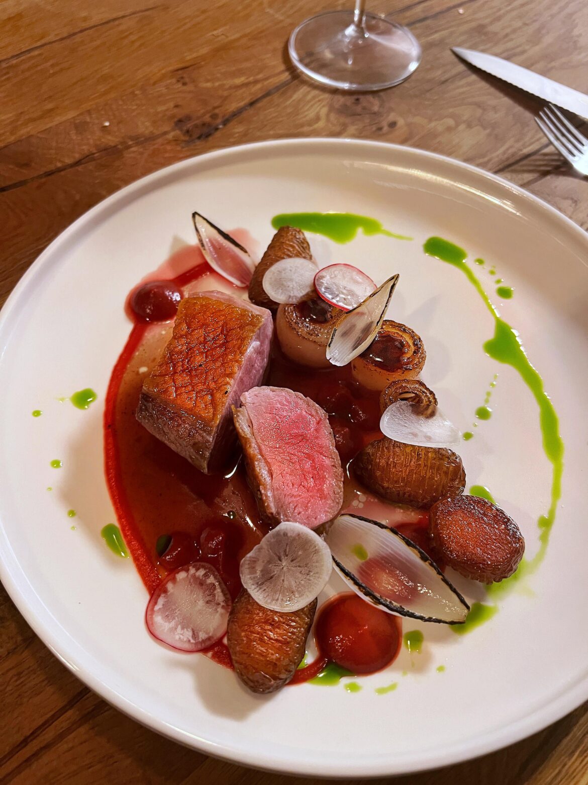 duck · hasselback potato · balsamico shallot · beet puree (always ends up watery)