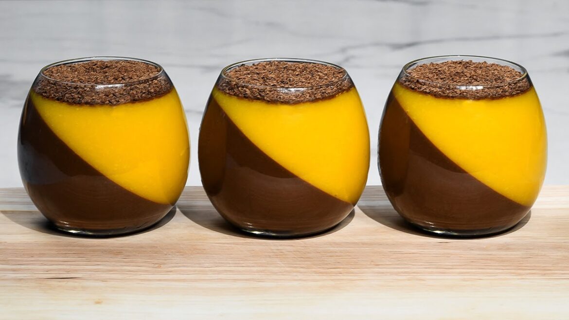 Chocolate mango cream dessert panna cotta in cups.