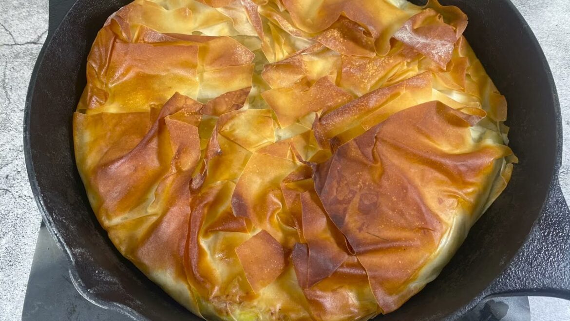 Prasopita Greek leek, feta and herb, phyllo pie.