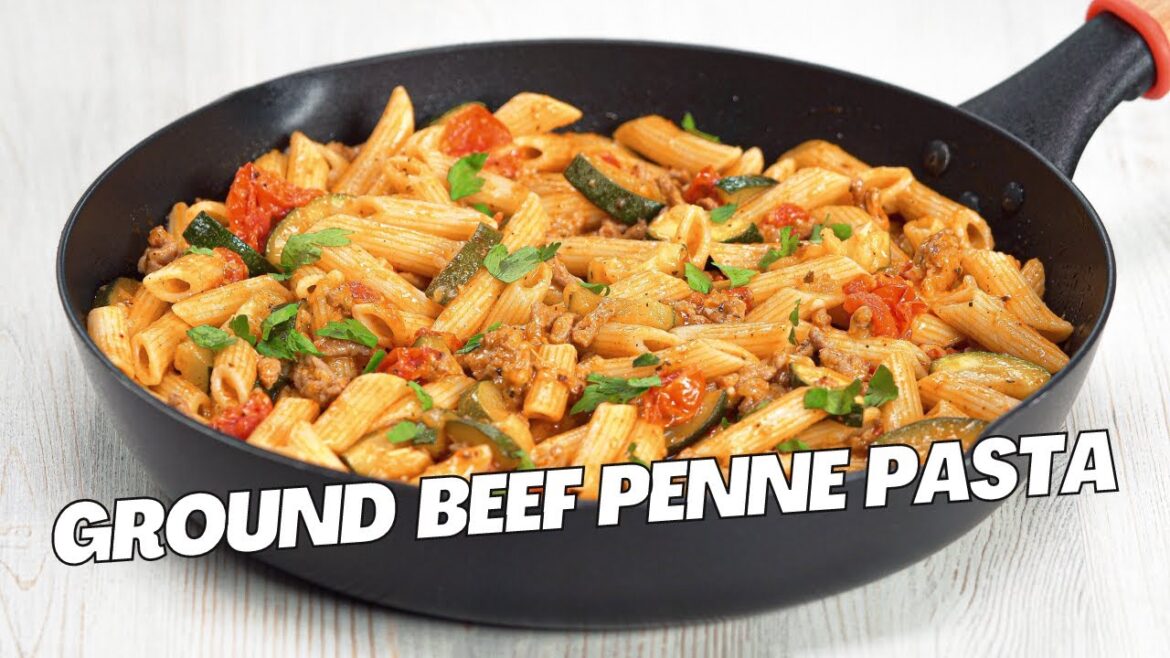 GROUND BEEF PENNE PASTA with ZUCCHINI & TOMATO. Easy Dinner in 20 Minutes. Recipe by Always Yummy!