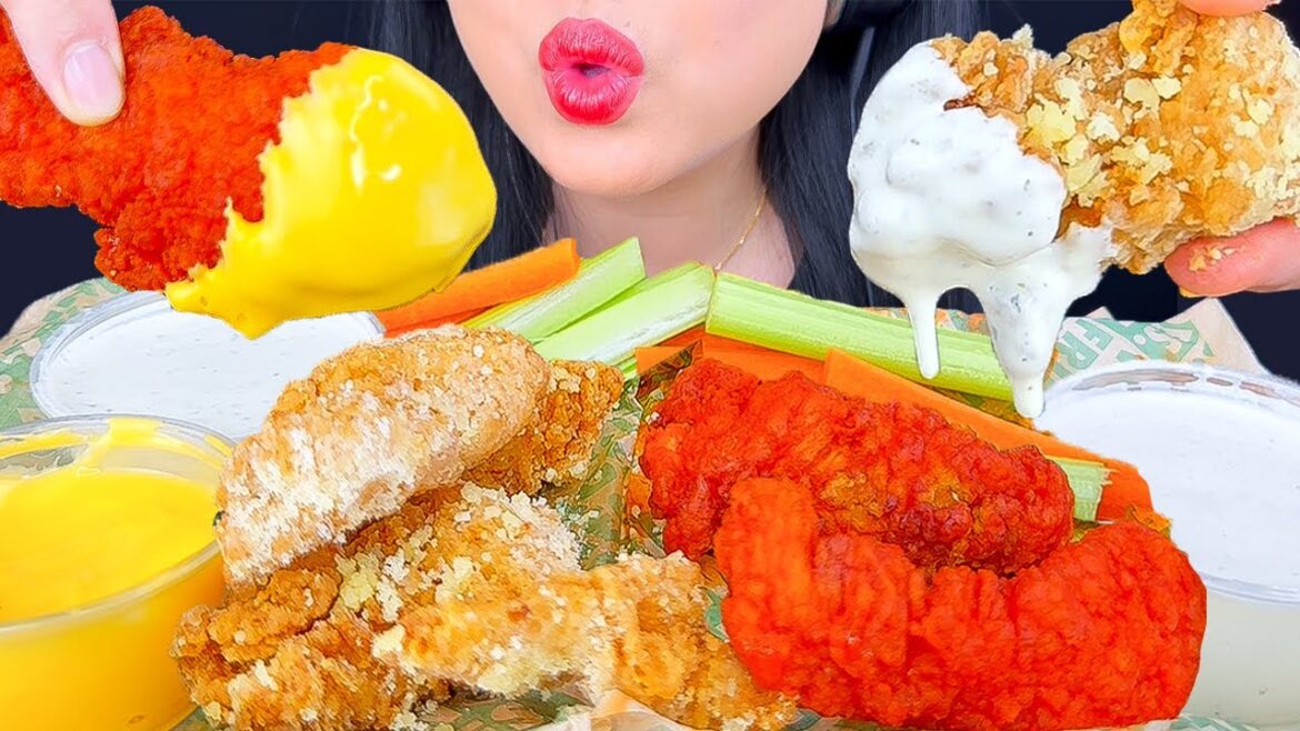 ASMR Fried Chicken Tenders DIPPED in CHEESE SAUCE and RANCH | WINGSTOP | Eating Sounds | ASMR Phan