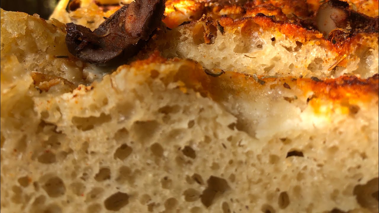 Italian focaccia bread recipe, sourdough focaccia topped with olives, thyme, feta cheese