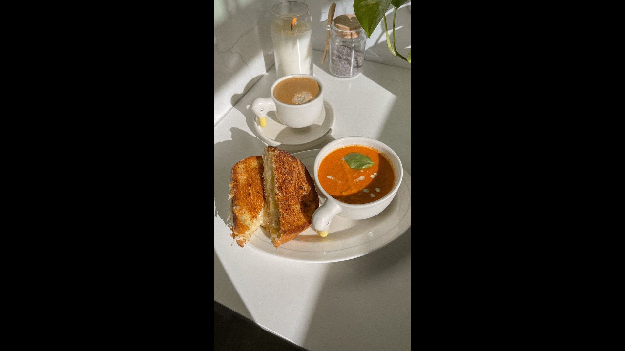 Tomato soup and grilled cheese ASMR Dining and Cooking