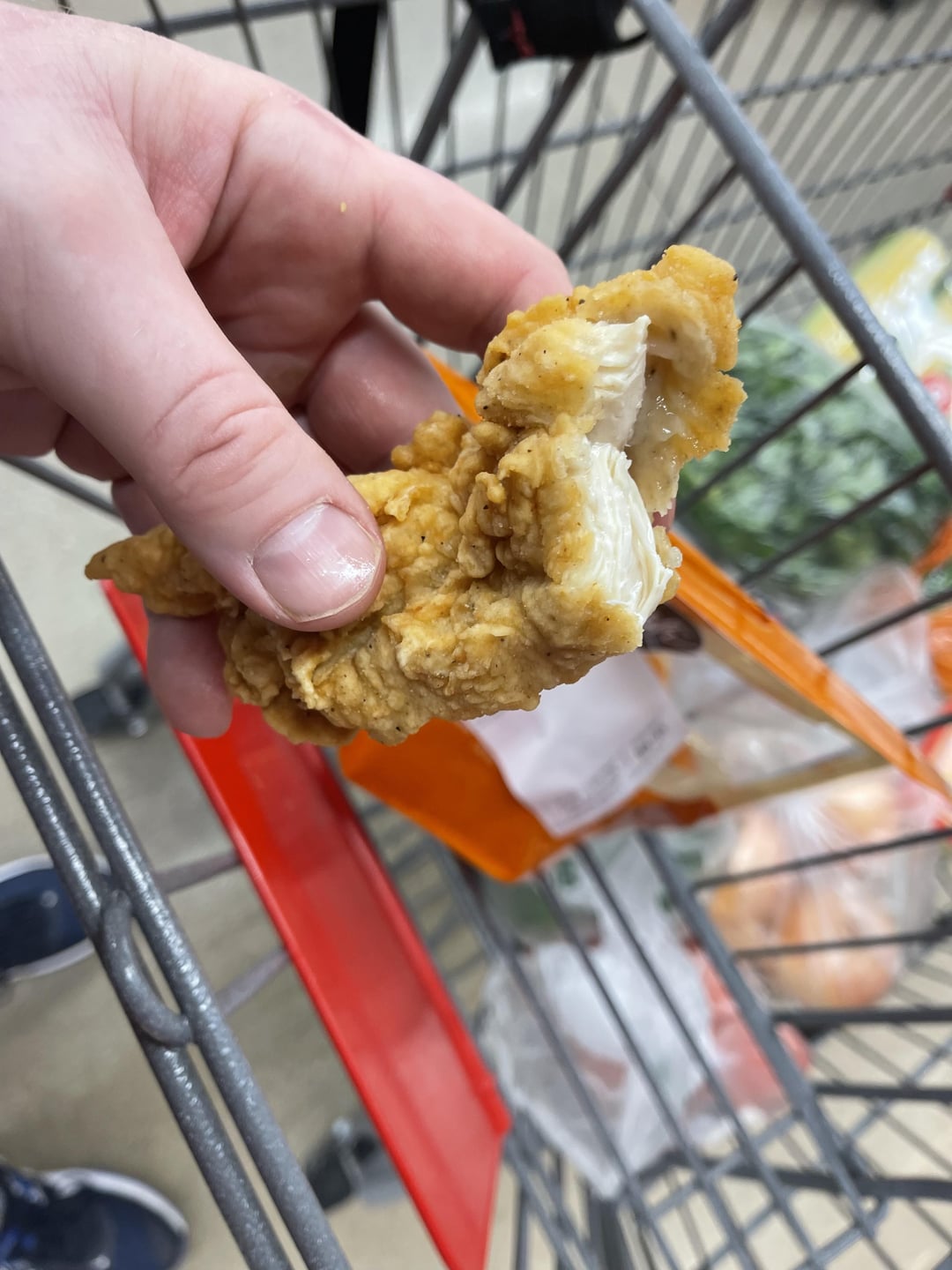 Grocery Store chicken strips, but hand breaded and fried in the store