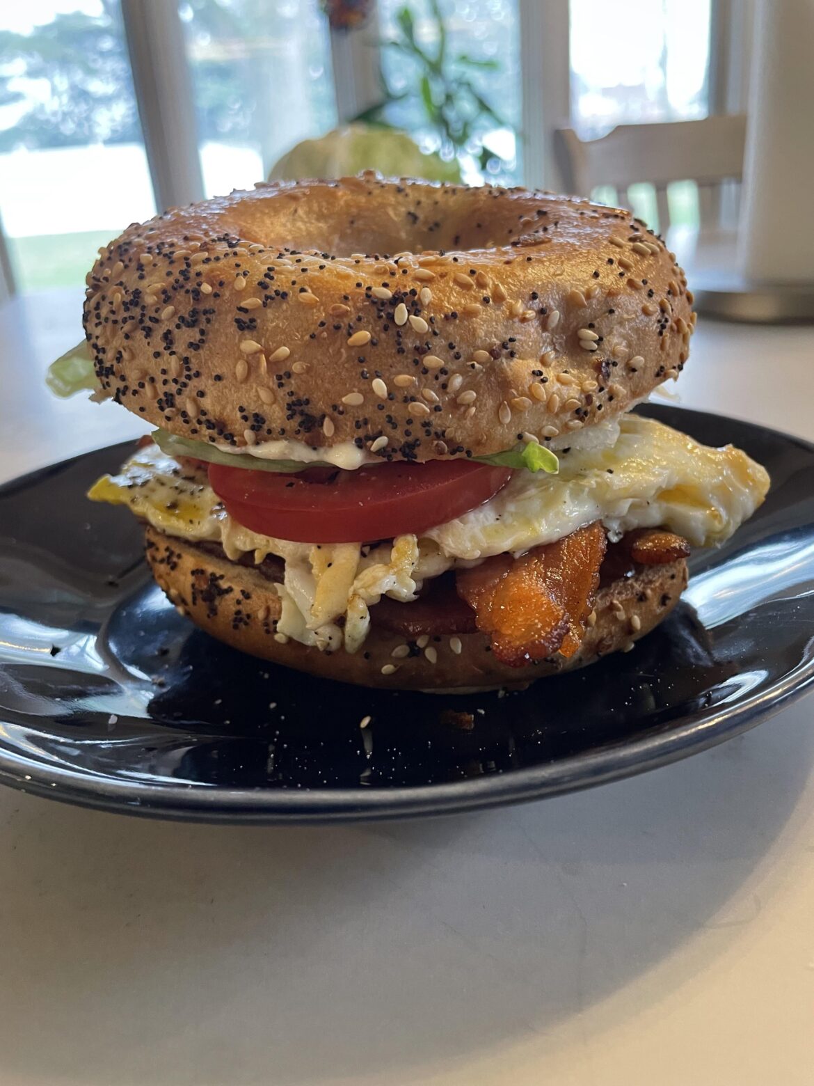 [homemade] BLTE with horseradish mayo on a toasted everything bagel