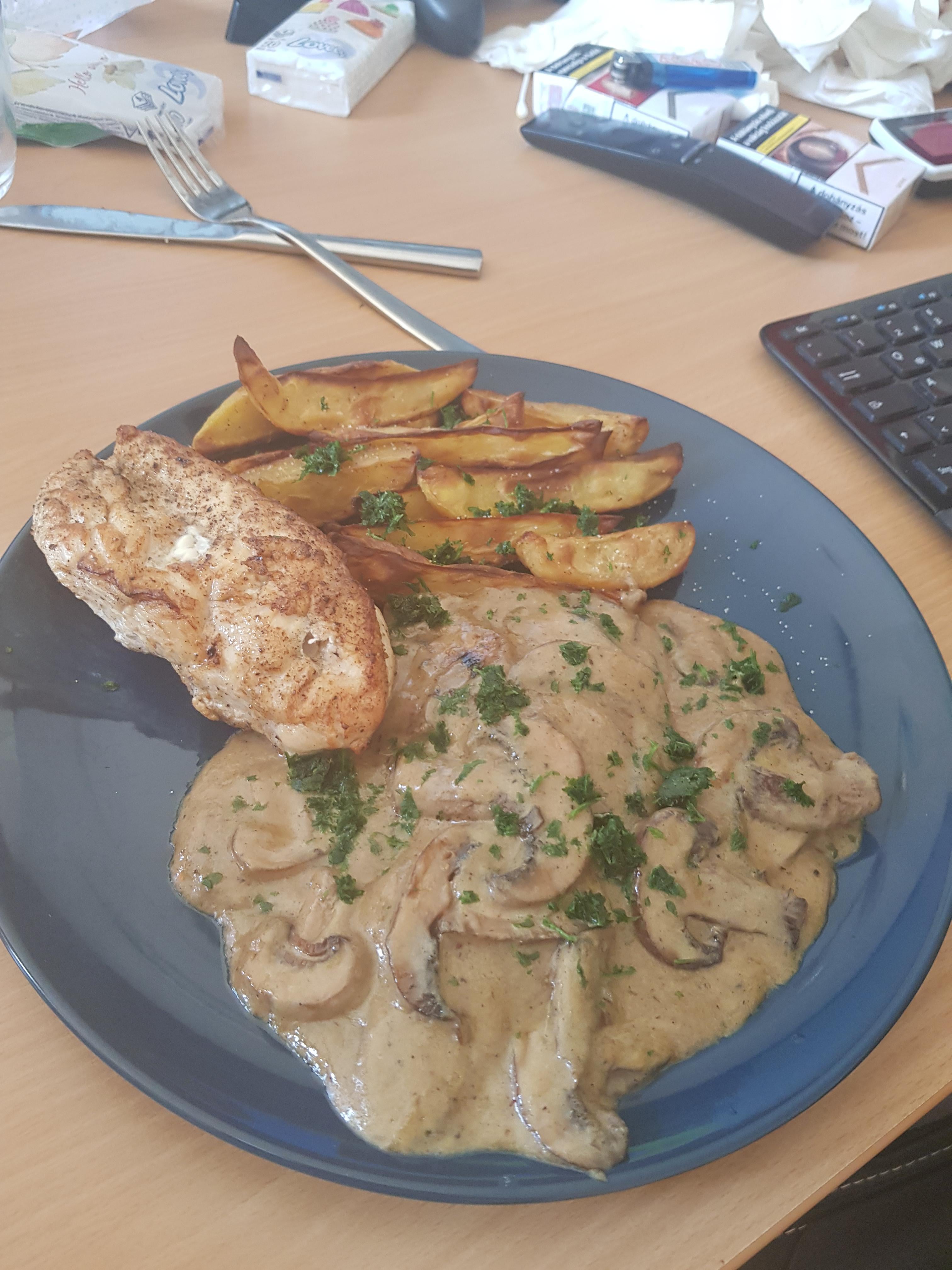 grilled chicken breast, mushroom sauce and potato wedges Dining and Cooking