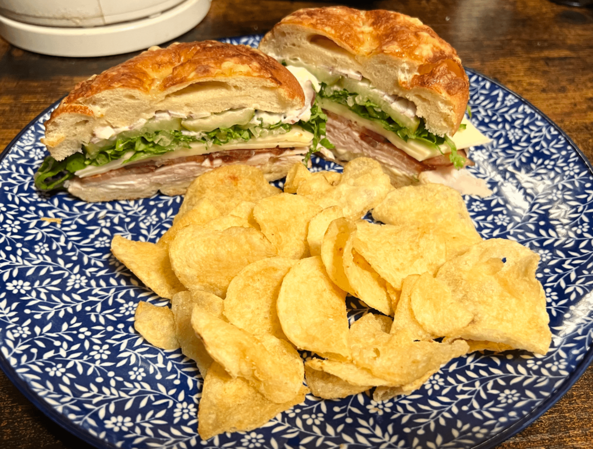Turkey Bacon Swiss on an Asiago Bagel. The pickles were the best part.