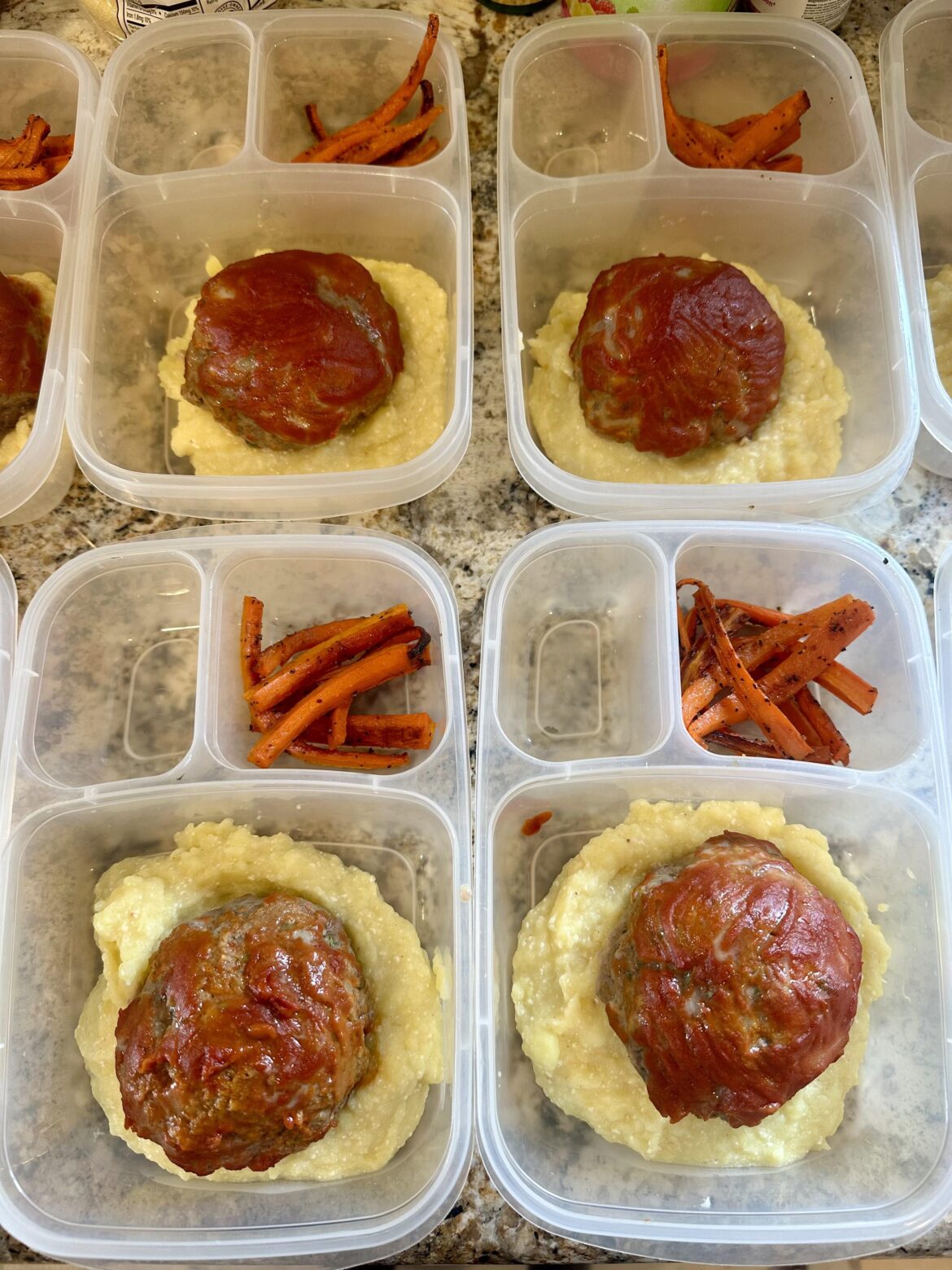 Mini meatloaves with mashed potatoes and honey roasted carrots