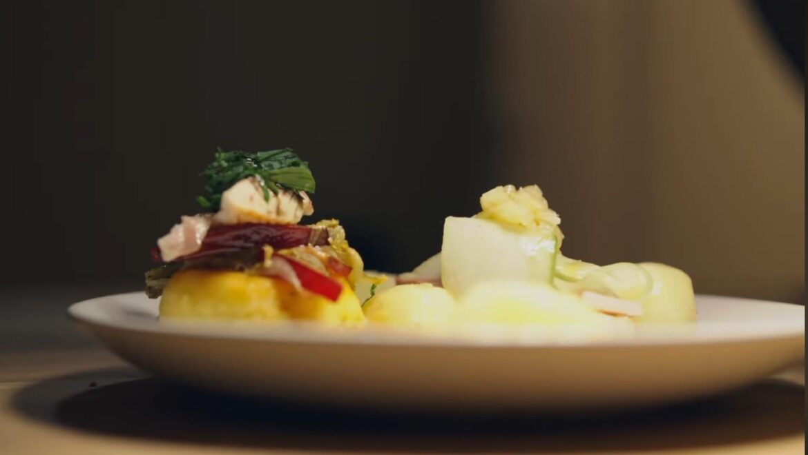 All You Need Is Love - based on the Beatles song. Two potatoes cooked in stock. Sliced potato with liver paté cucumber & onion. Potato fritter with sautéed chicory, greenage, smoked trout, parsley & pumpkin seed oil. [OC] The simple chorus of the song meets the more complex elements of the lyrics.