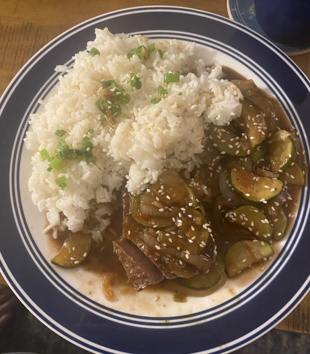 Soy-glazed steak with zucchini stir-fry!