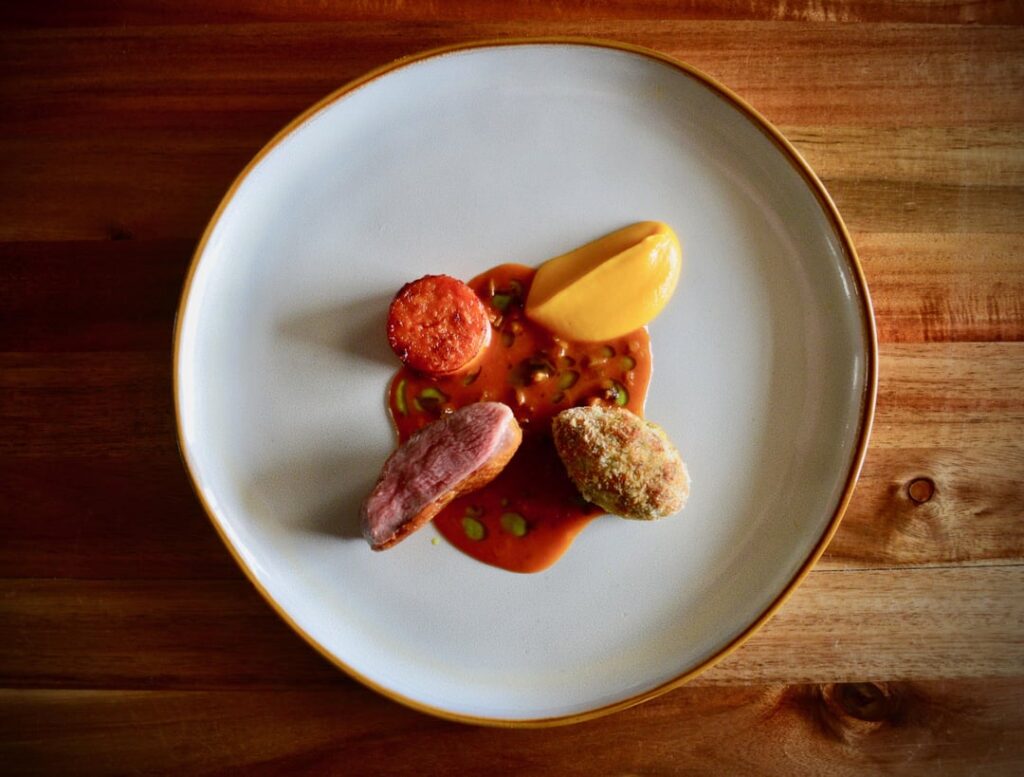 Duck Breast, Duck Leg Croquette, Sweet Potato, Sauce Chasseur