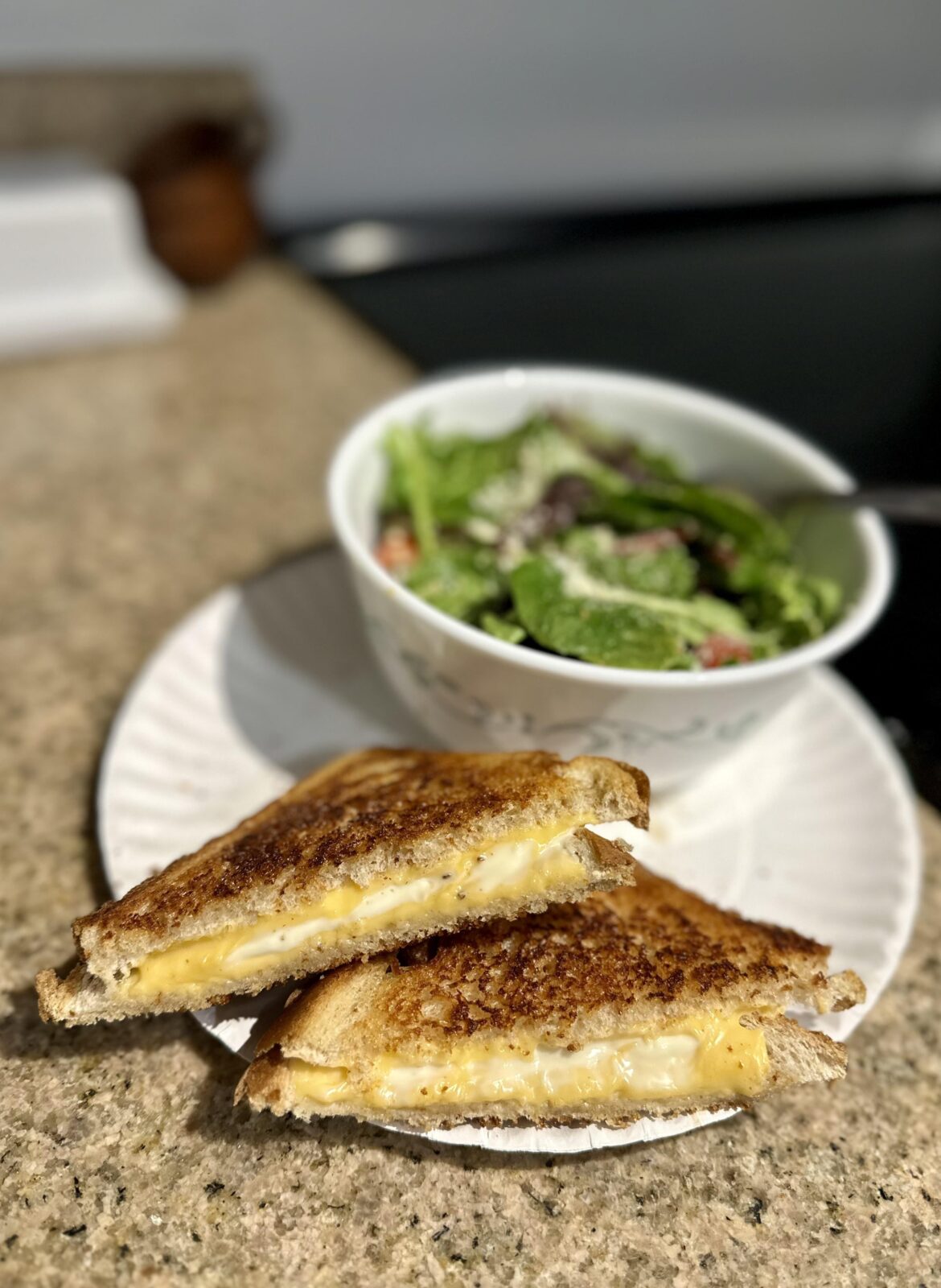Grilled cheese and a salad for lunch yesterday. Kraft deli deluxe American cheese and olive oil mayo.