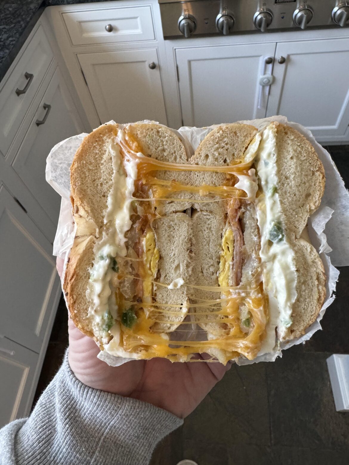 Maybe a little overboard with this breakfast bagel sandwich.