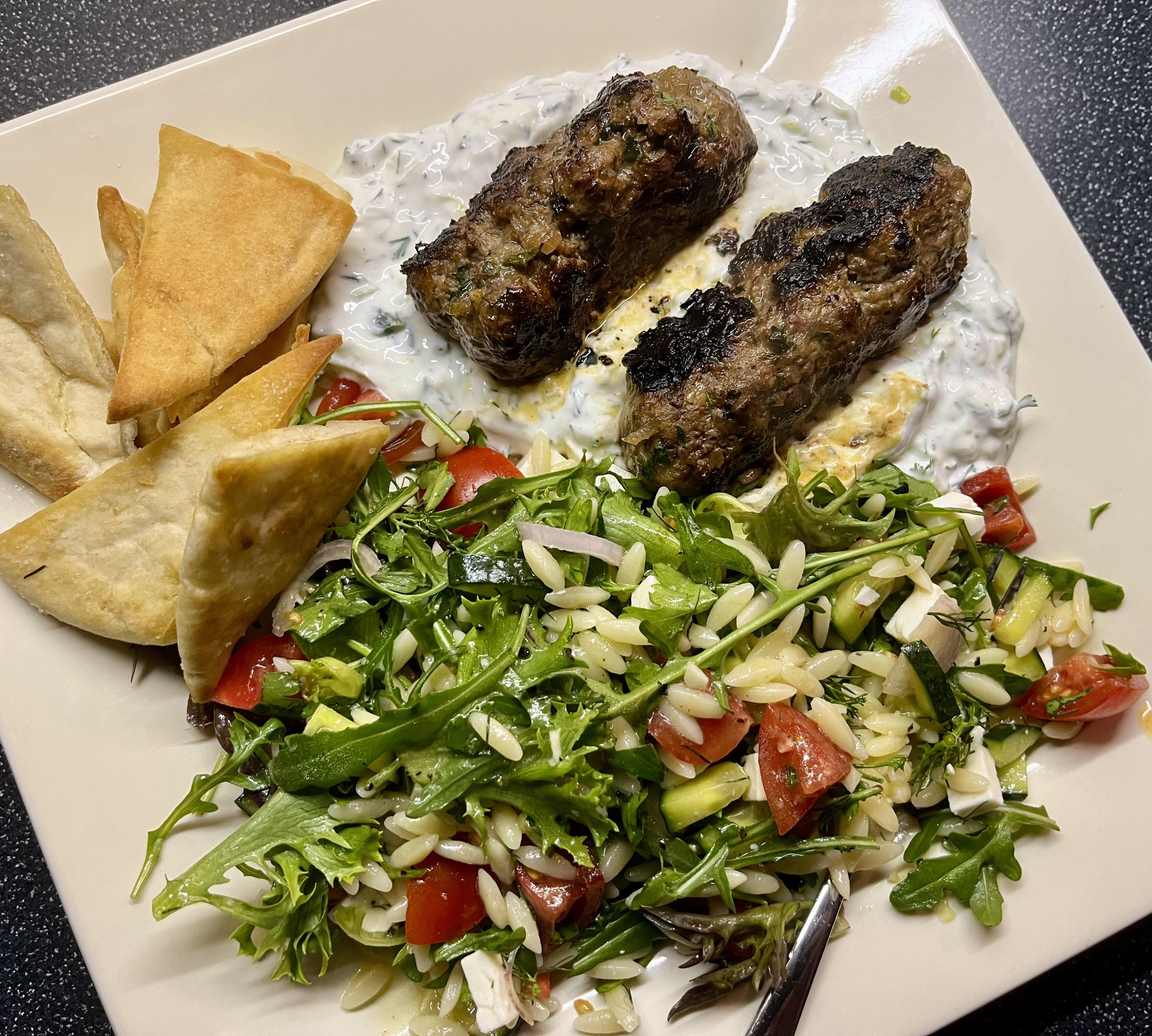 [Homemade] Beef Kofta with Tzatziki and Orzo Salad Dining and Cooking