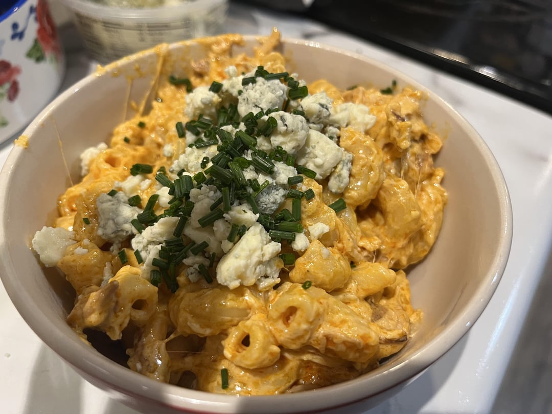 Smoked Buffalo Chicken Mac and Cheese. Smoked Gouda/colby Jack/sharp