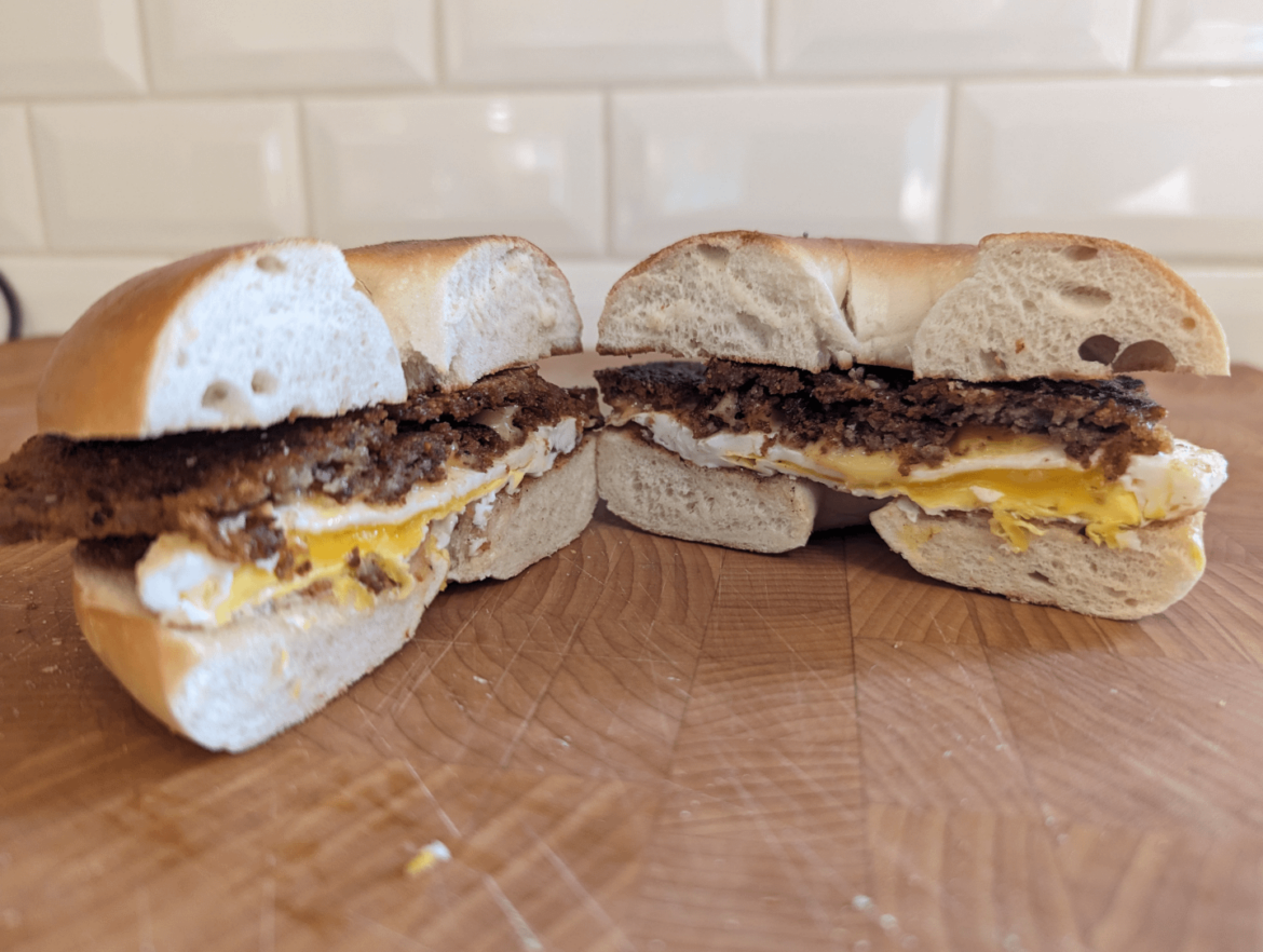 Scrapple, egg, and cheese on a toasted bagel