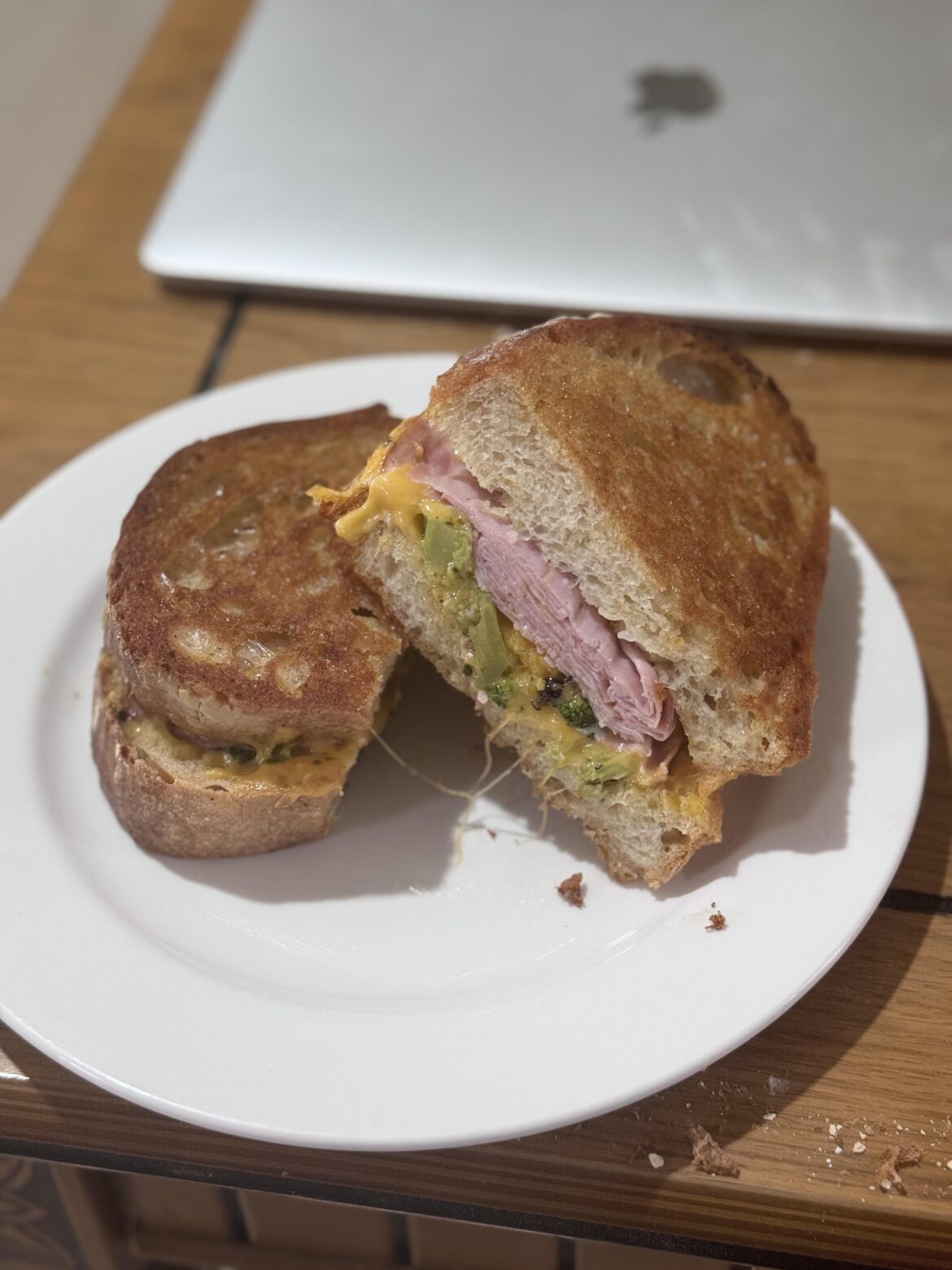 Toasted cheese and ham with roasted broccoli mixed in.