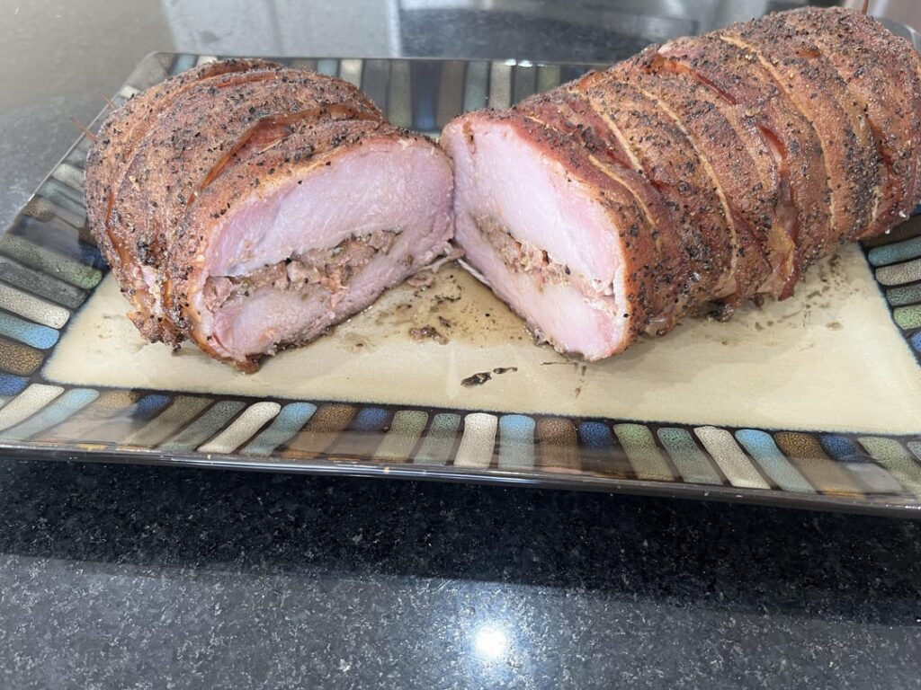 Stuffed, Bacon-wrapped Pork Loin smoked today