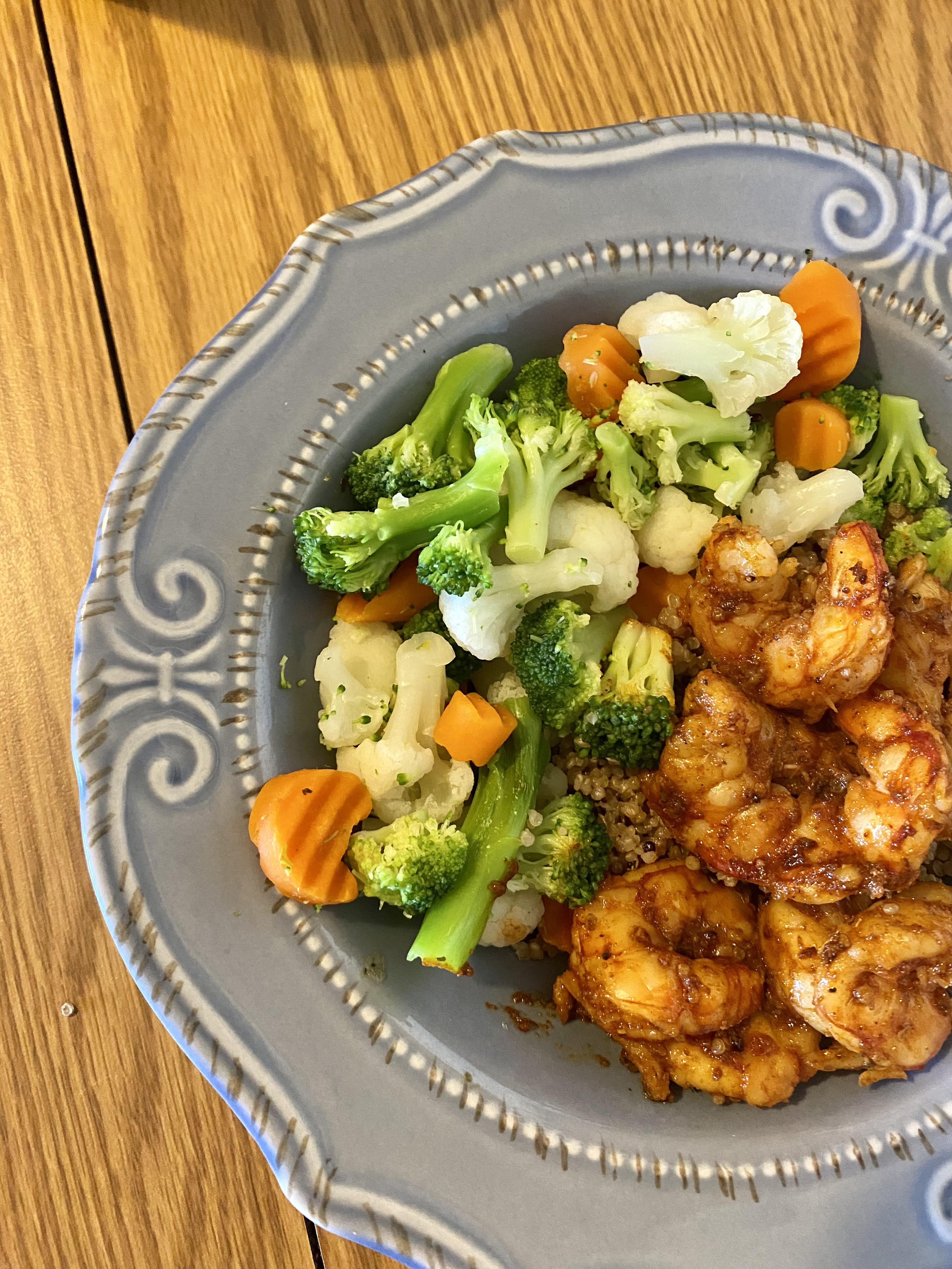 Castiron seared Cajun shrimp with quinoa and mixed veggies Dining