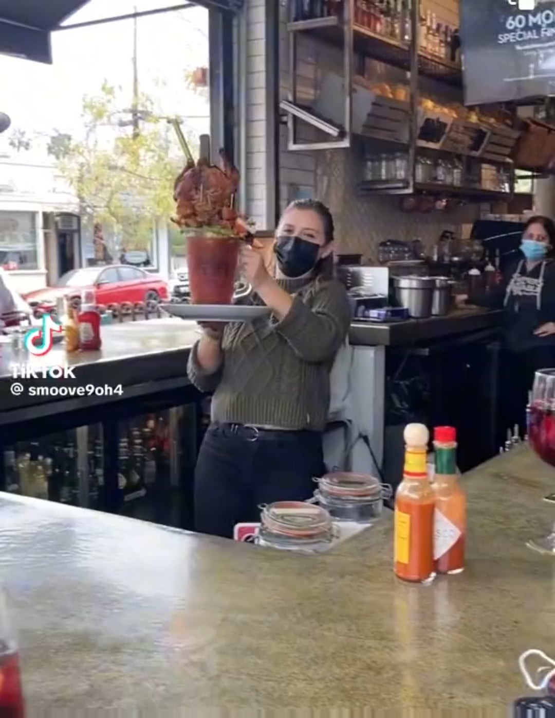 Full on rotisserie chicken stuck in a bloody mary for some reason